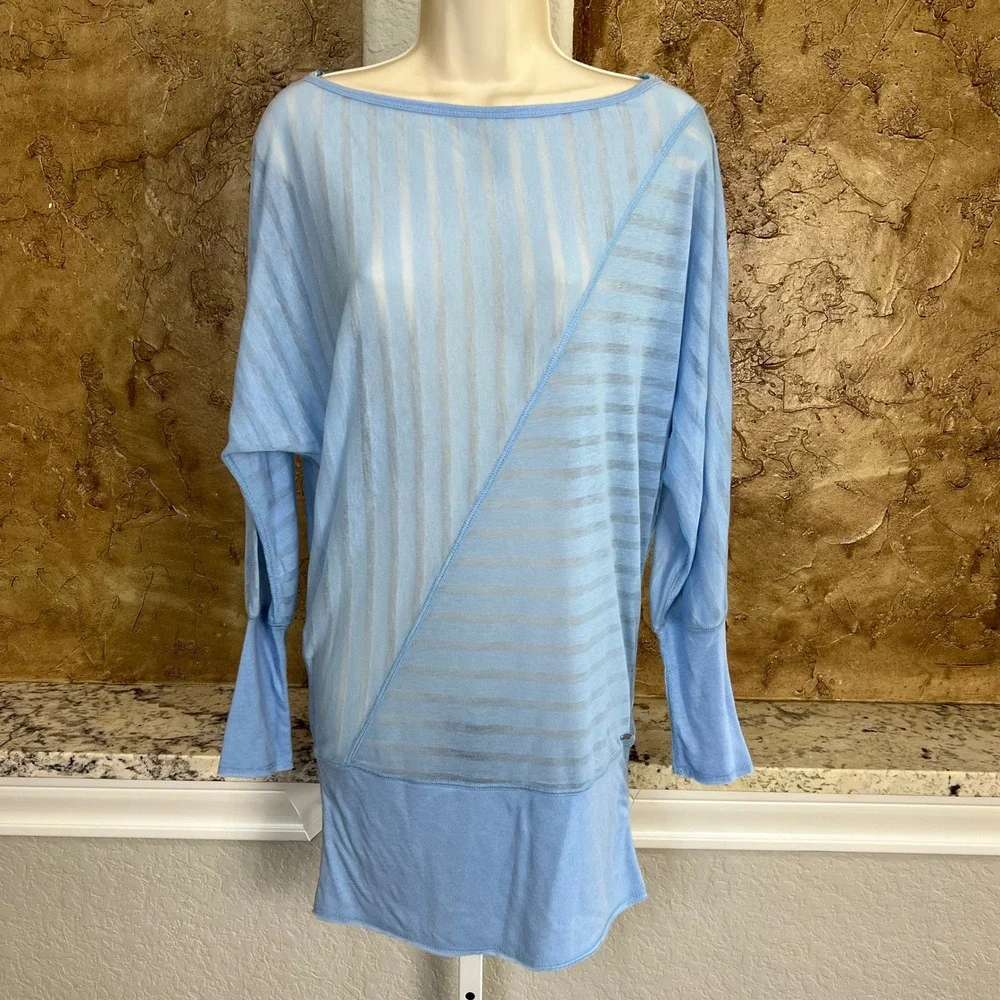 Alo Yoga Top Women Medium Blue Sheer Striped Long Sleeve Boat Neck Pullover